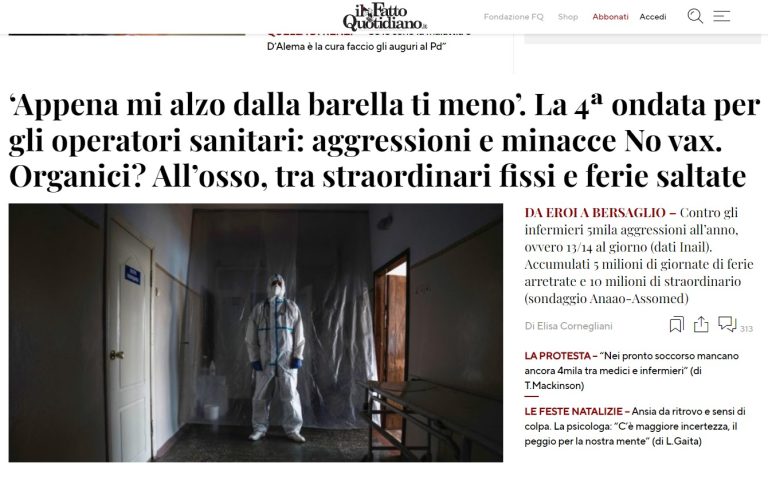 Continuano le aggressioni agli operatori sanitari. Le nostre dichiarazioni su Il Fatto Quotidiano